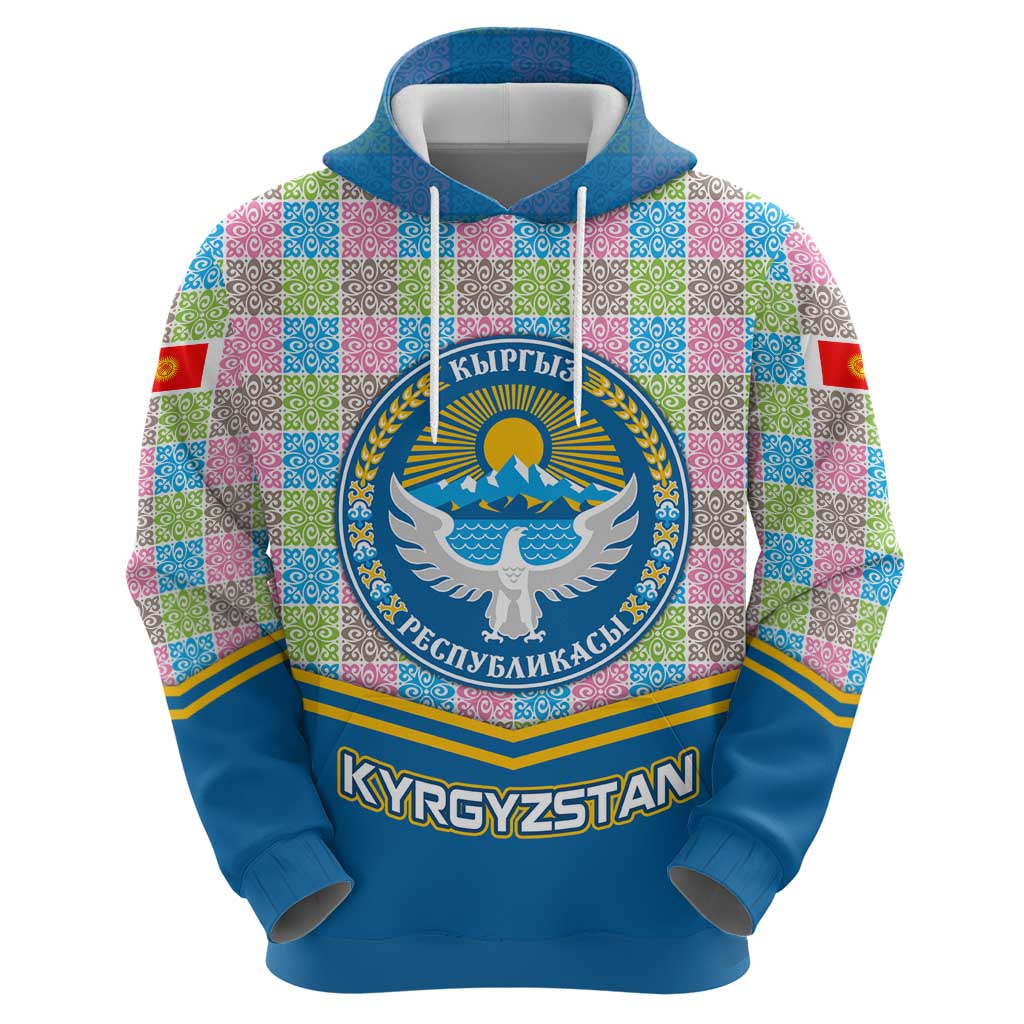 Kyrgyzstan Colorful Patchwork Pattern Hoodie with National Crest and Flag Accents TS04