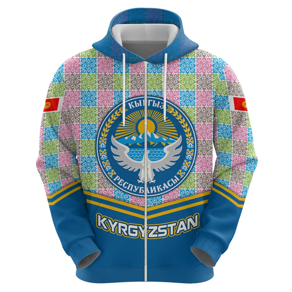 Kyrgyzstan Colorful Patchwork Pattern Hoodie with National Crest and Flag Accents TS04