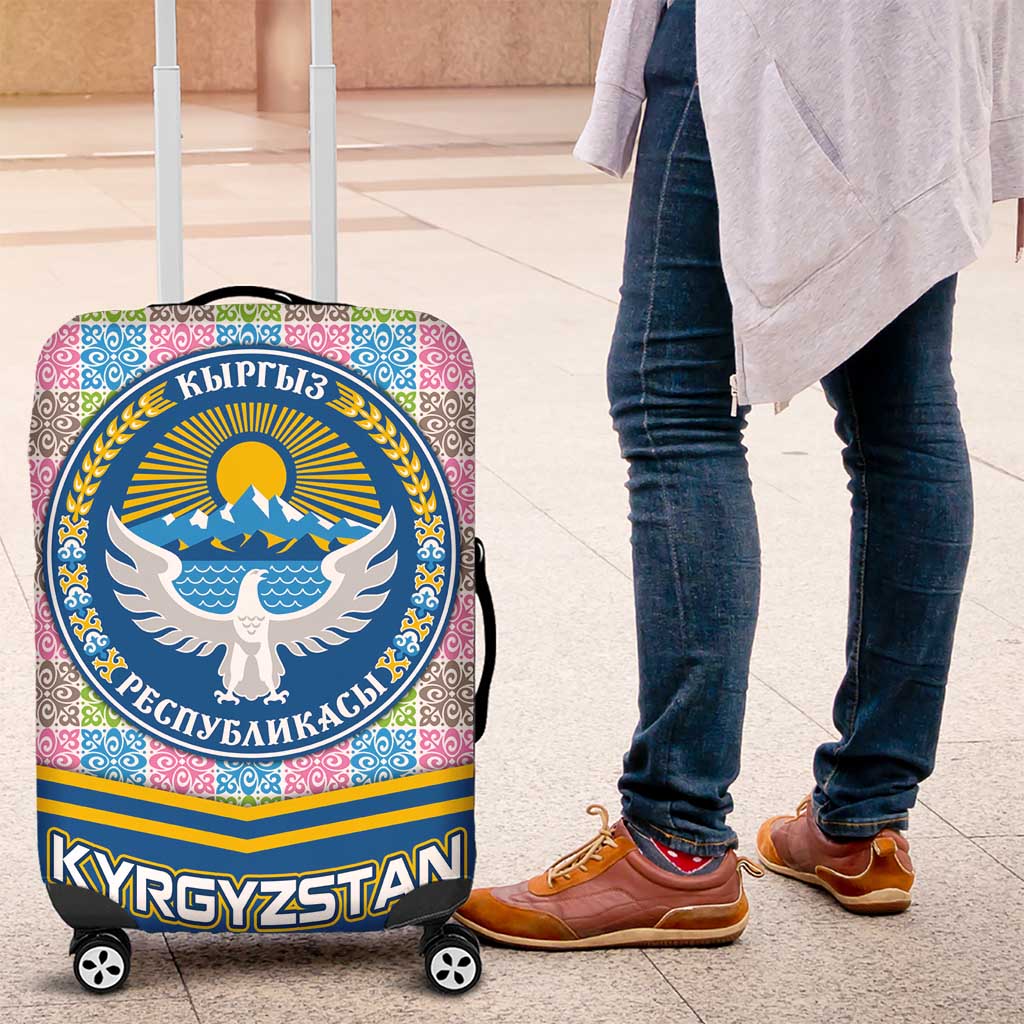 Kyrgyzstan Colorful Patchwork Pattern Luggage Cover with National Crest and Flag Accents TS04