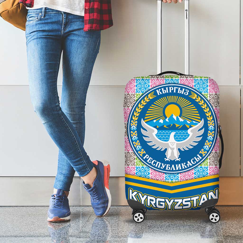 Kyrgyzstan Colorful Patchwork Pattern Luggage Cover with National Crest and Flag Accents TS04