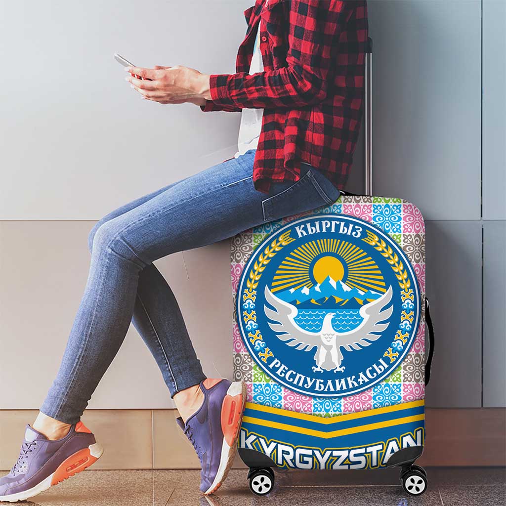 Kyrgyzstan Colorful Patchwork Pattern Luggage Cover with National Crest and Flag Accents TS04