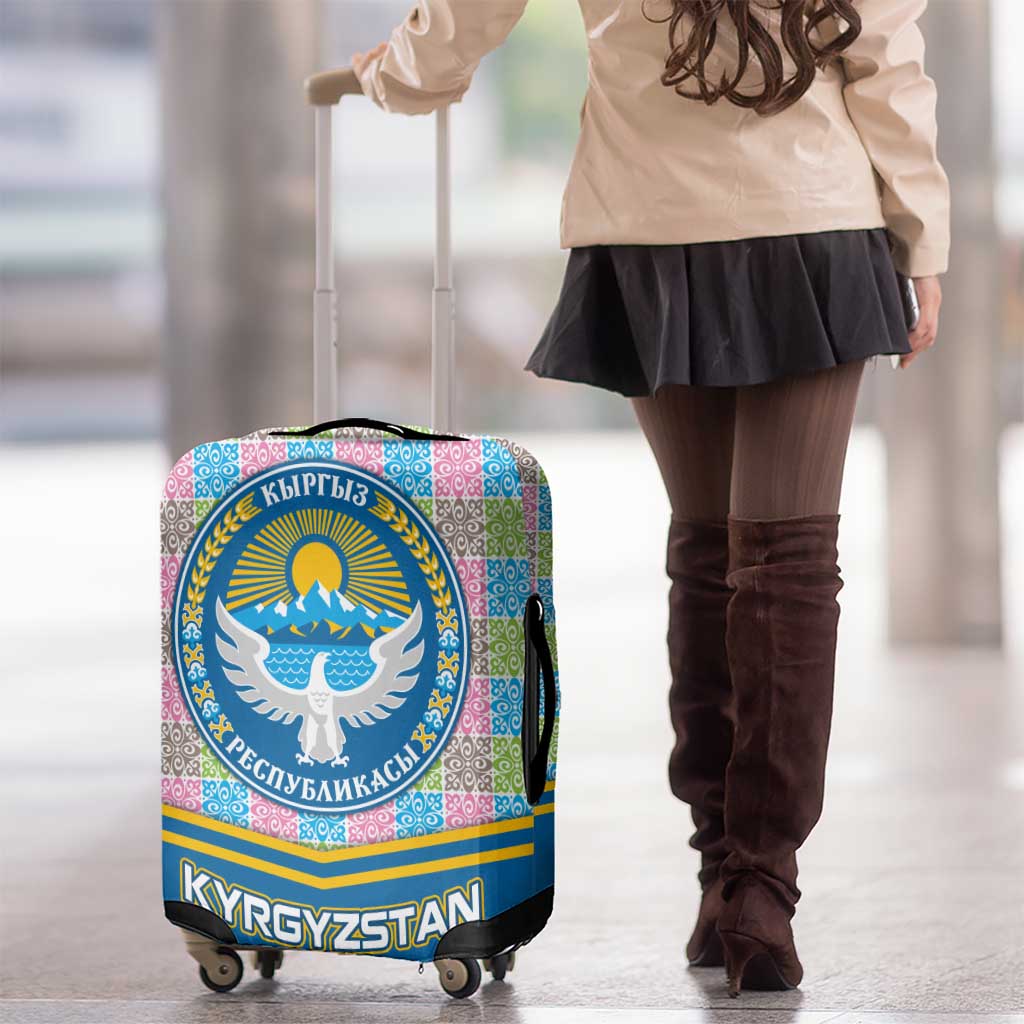 Kyrgyzstan Colorful Patchwork Pattern Luggage Cover with National Crest and Flag Accents TS04