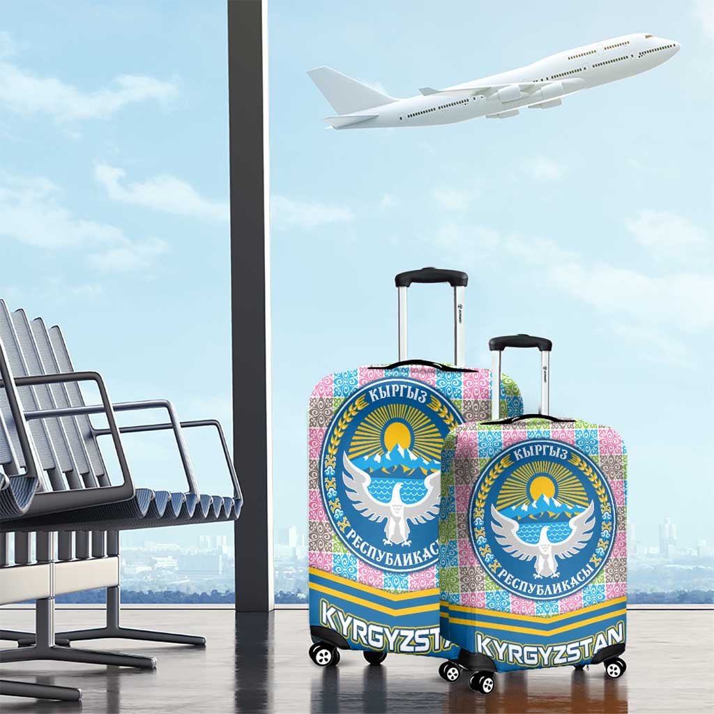 Kyrgyzstan Colorful Patchwork Pattern Luggage Cover with National Crest and Flag Accents TS04