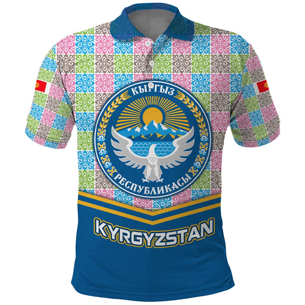 Kyrgyzstan Colorful Patchwork Pattern Polo Shirt with National Crest and Flag Accents TS04