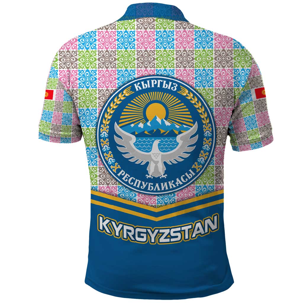 Kyrgyzstan Colorful Patchwork Pattern Polo Shirt with National Crest and Flag Accents TS04