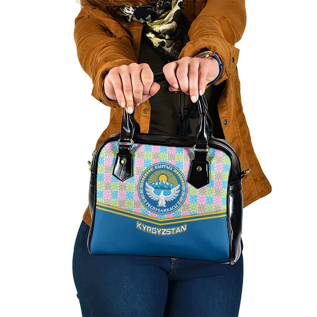 Kyrgyzstan Colorful Patchwork Pattern Shoulder Handbag with National Crest and Flag Accents TS04