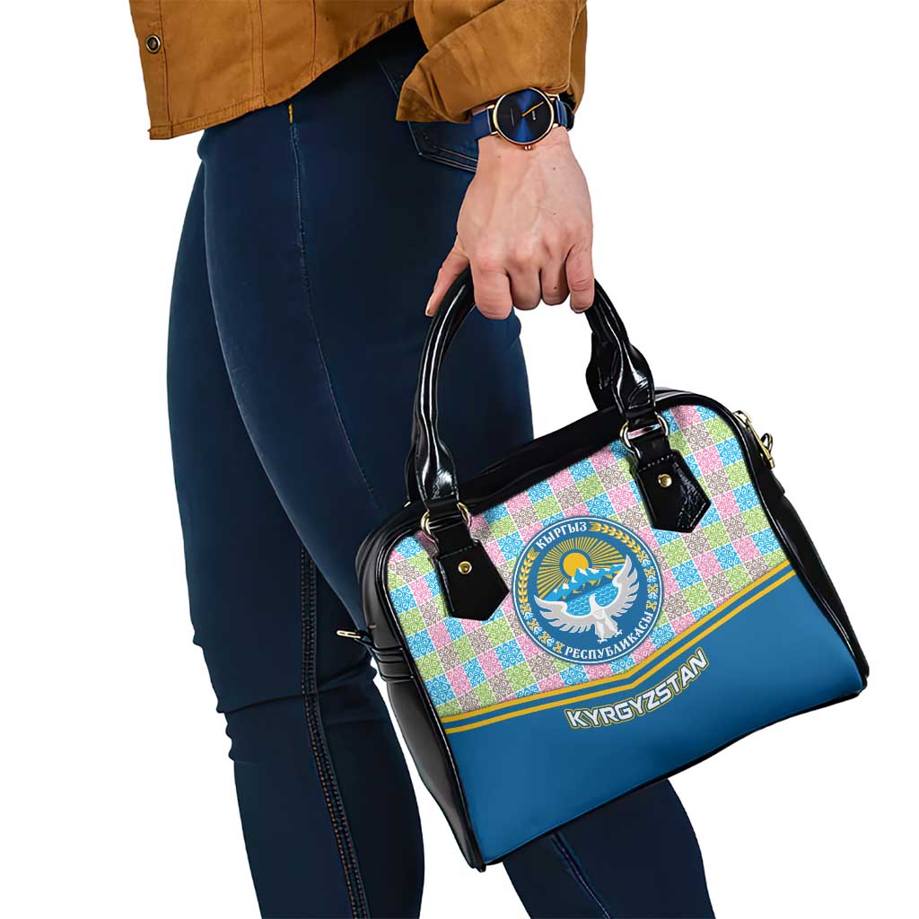 Kyrgyzstan Colorful Patchwork Pattern Shoulder Handbag with National Crest and Flag Accents TS04