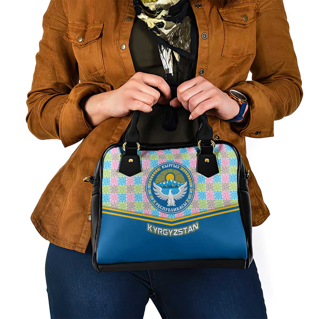 Kyrgyzstan Colorful Patchwork Pattern Shoulder Handbag with National Crest and Flag Accents TS04