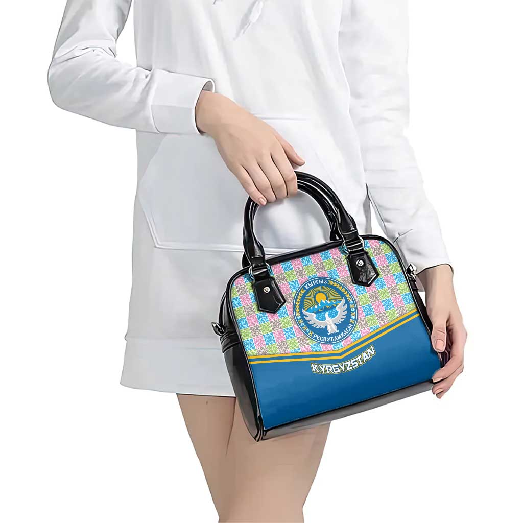 Kyrgyzstan Colorful Patchwork Pattern Shoulder Handbag with National Crest and Flag Accents TS04