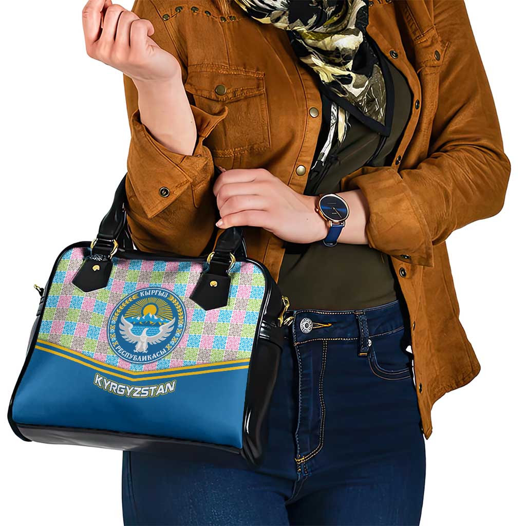Kyrgyzstan Colorful Patchwork Pattern Shoulder Handbag with National Crest and Flag Accents TS04