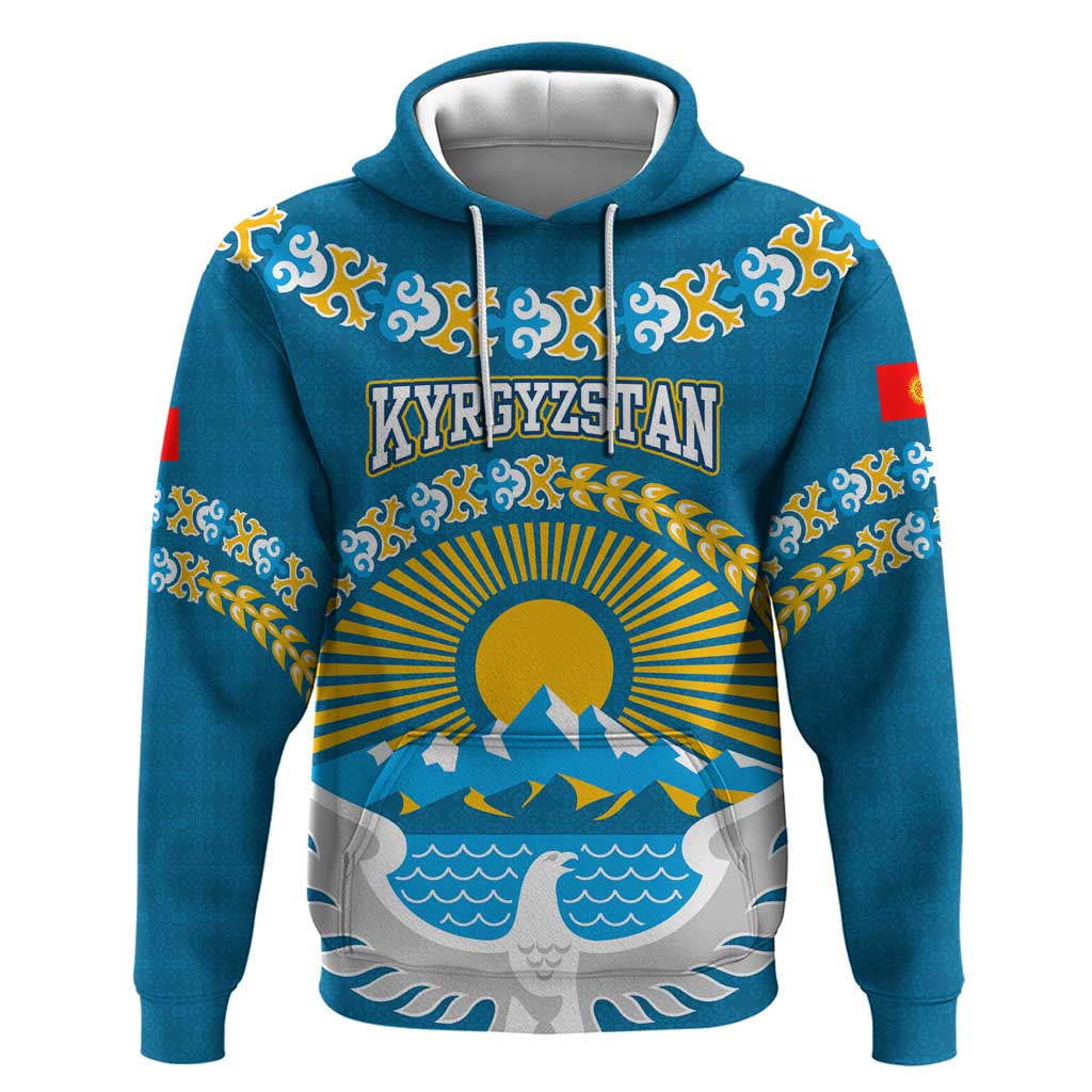 Kyrgyzstan Mountain Sunrise Hoodie with Blue with Eagle, Sun, and National Flag Design TS04