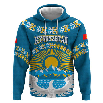 Kyrgyzstan Mountain Sunrise Hoodie with Blue with Eagle, Sun, and National Flag Design TS04