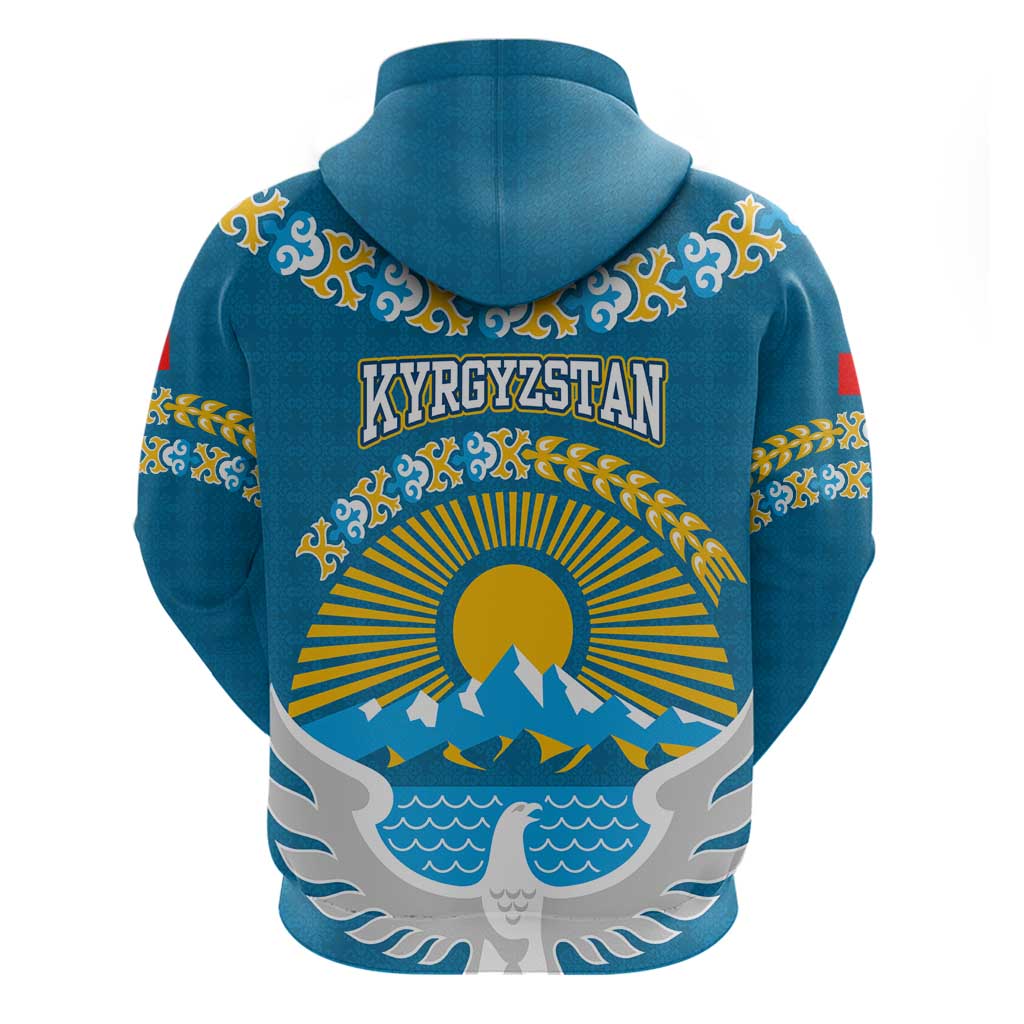 Kyrgyzstan Mountain Sunrise Hoodie with Blue with Eagle, Sun, and National Flag Design TS04