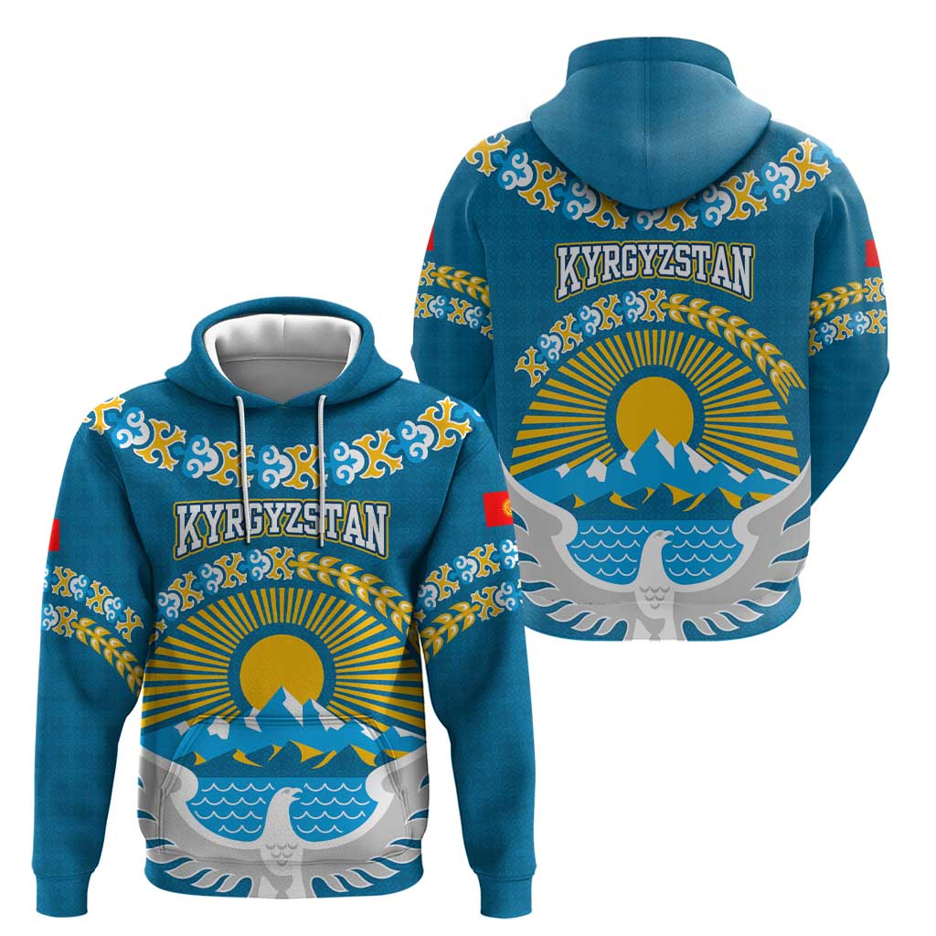 Kyrgyzstan Mountain Sunrise Hoodie with Blue with Eagle, Sun, and National Flag Design TS04