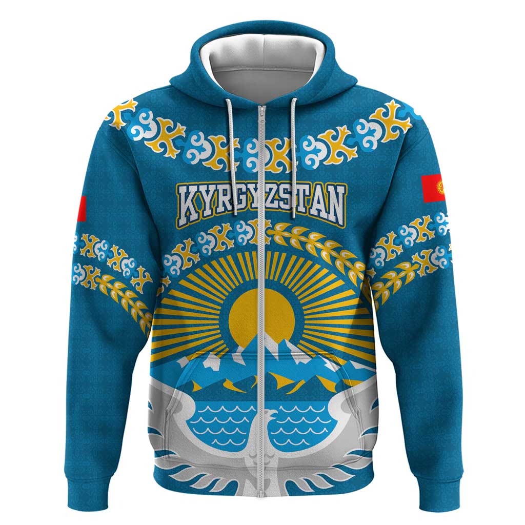 Kyrgyzstan Mountain Sunrise Hoodie with Blue with Eagle, Sun, and National Flag Design TS04
