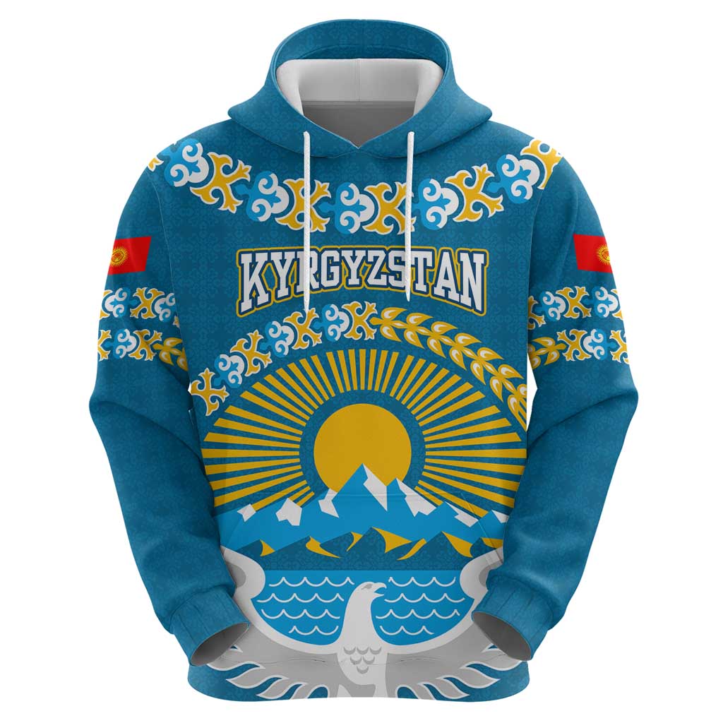 Kyrgyzstan Mountain Sunrise Hoodie with Blue with Eagle, Sun, and National Flag Design TS04