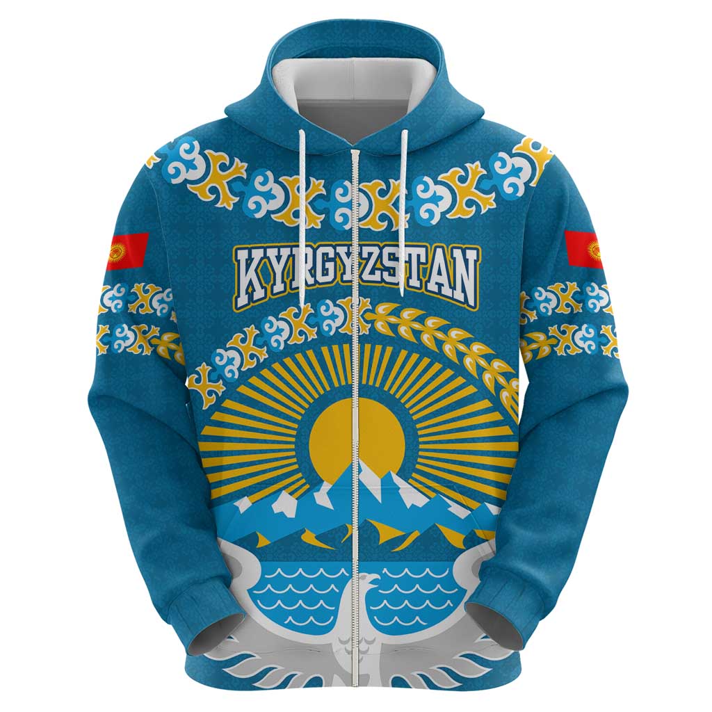 Kyrgyzstan Mountain Sunrise Hoodie with Blue with Eagle, Sun, and National Flag Design TS04