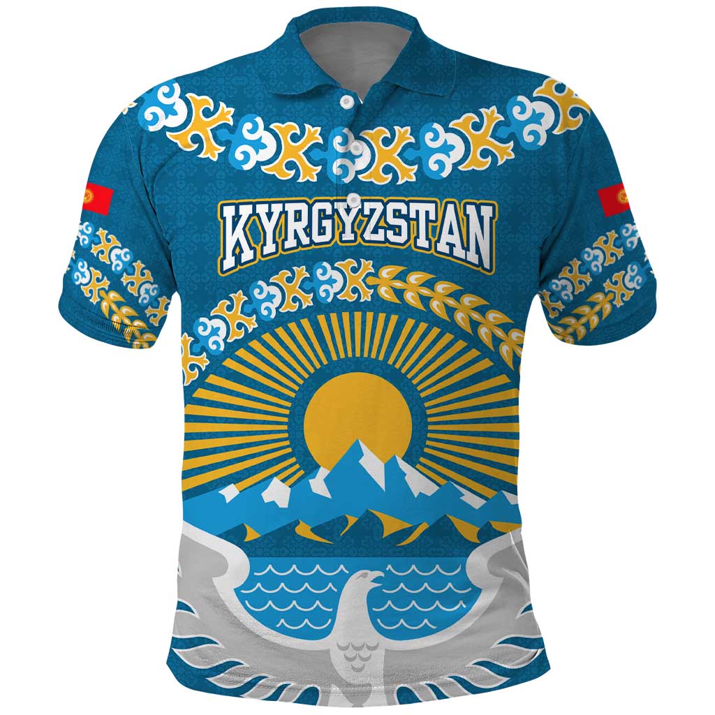 Kyrgyzstan Mountain Sunrise Polo Shirt with Blue with Eagle, Sun, and National Flag Design TS04