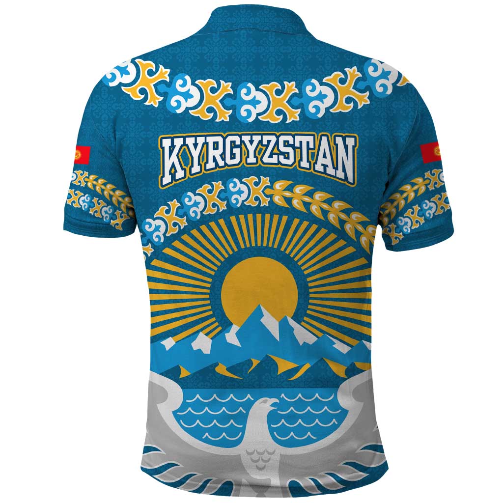 Kyrgyzstan Mountain Sunrise Polo Shirt with Blue with Eagle, Sun, and National Flag Design TS04