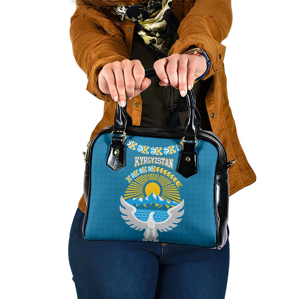 Kyrgyzstan Mountain Sunrise Shoulder Handbag with Blue with Eagle, Sun, and National Flag Design TS04
