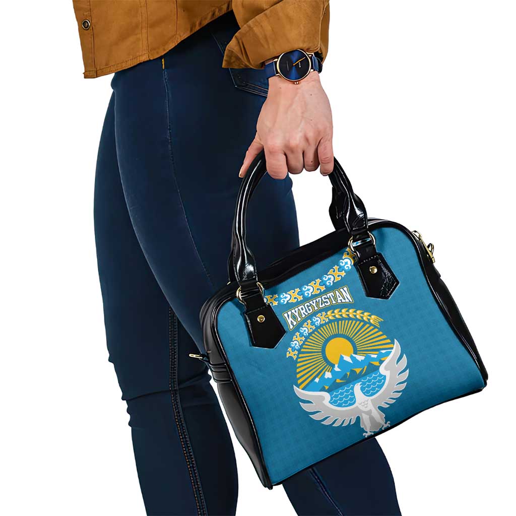 Kyrgyzstan Mountain Sunrise Shoulder Handbag with Blue with Eagle, Sun, and National Flag Design TS04