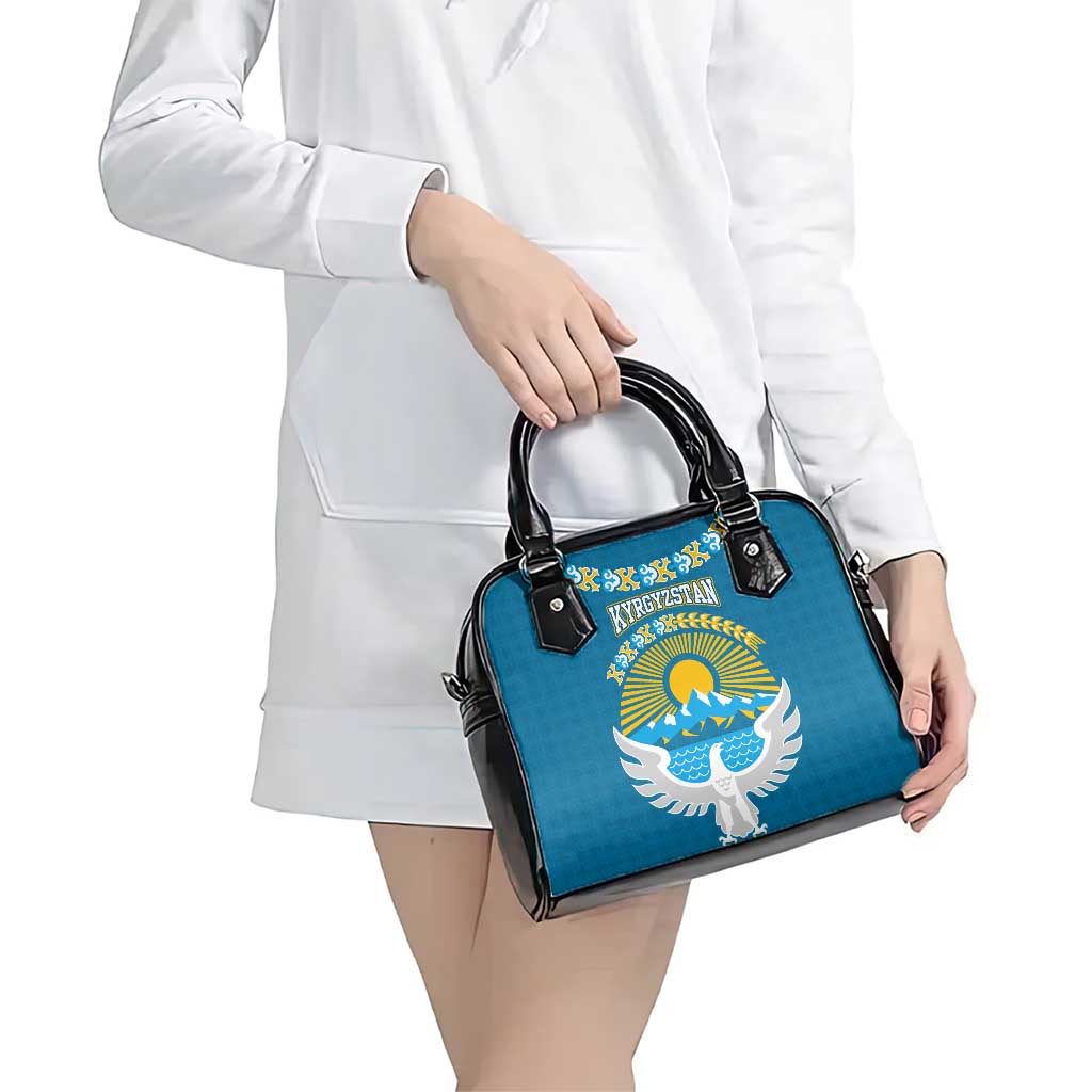 Kyrgyzstan Mountain Sunrise Shoulder Handbag with Blue with Eagle, Sun, and National Flag Design TS04
