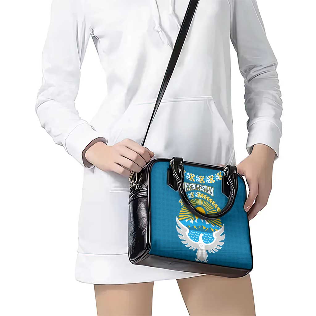 Kyrgyzstan Mountain Sunrise Shoulder Handbag with Blue with Eagle, Sun, and National Flag Design TS04