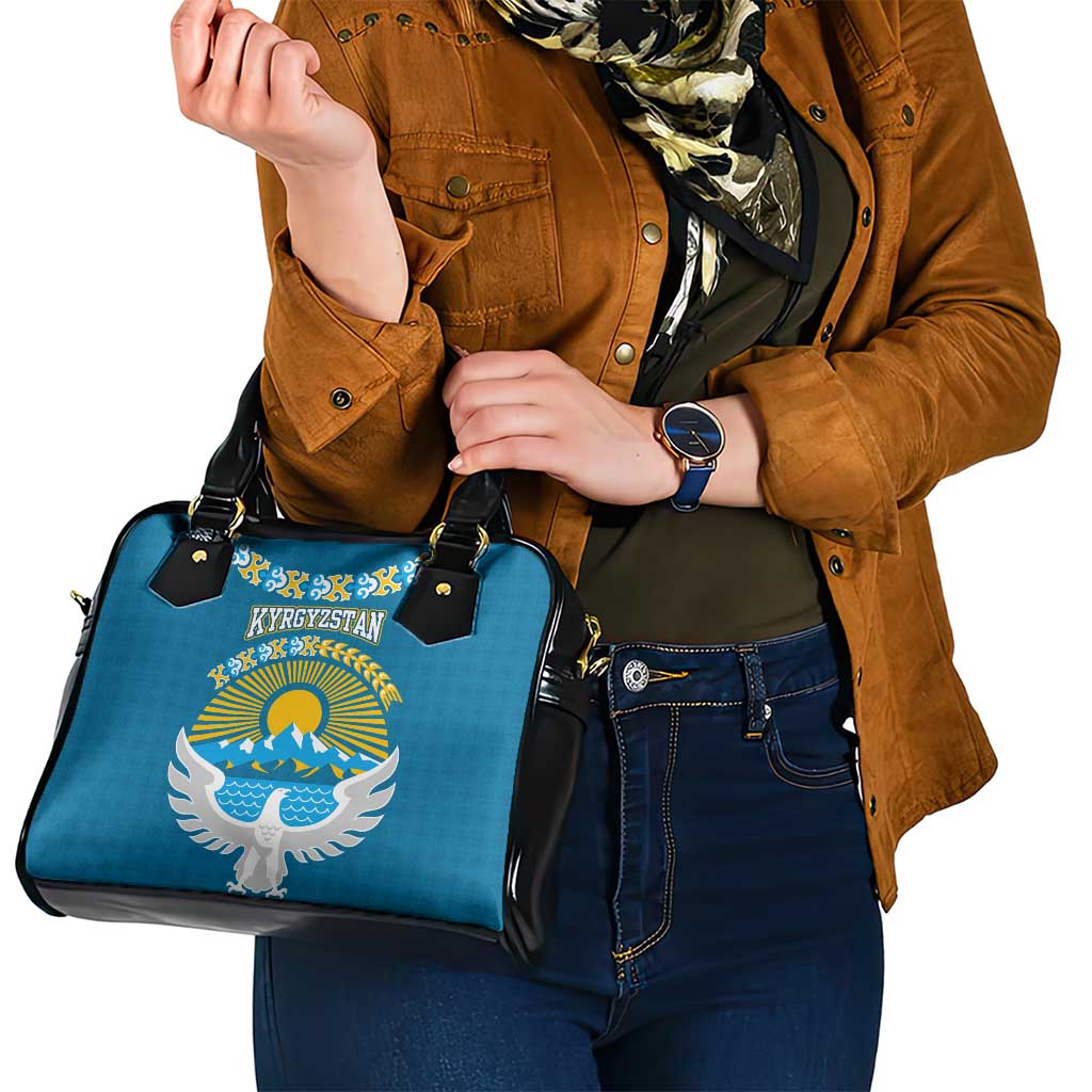 Kyrgyzstan Mountain Sunrise Shoulder Handbag with Blue with Eagle, Sun, and National Flag Design TS04