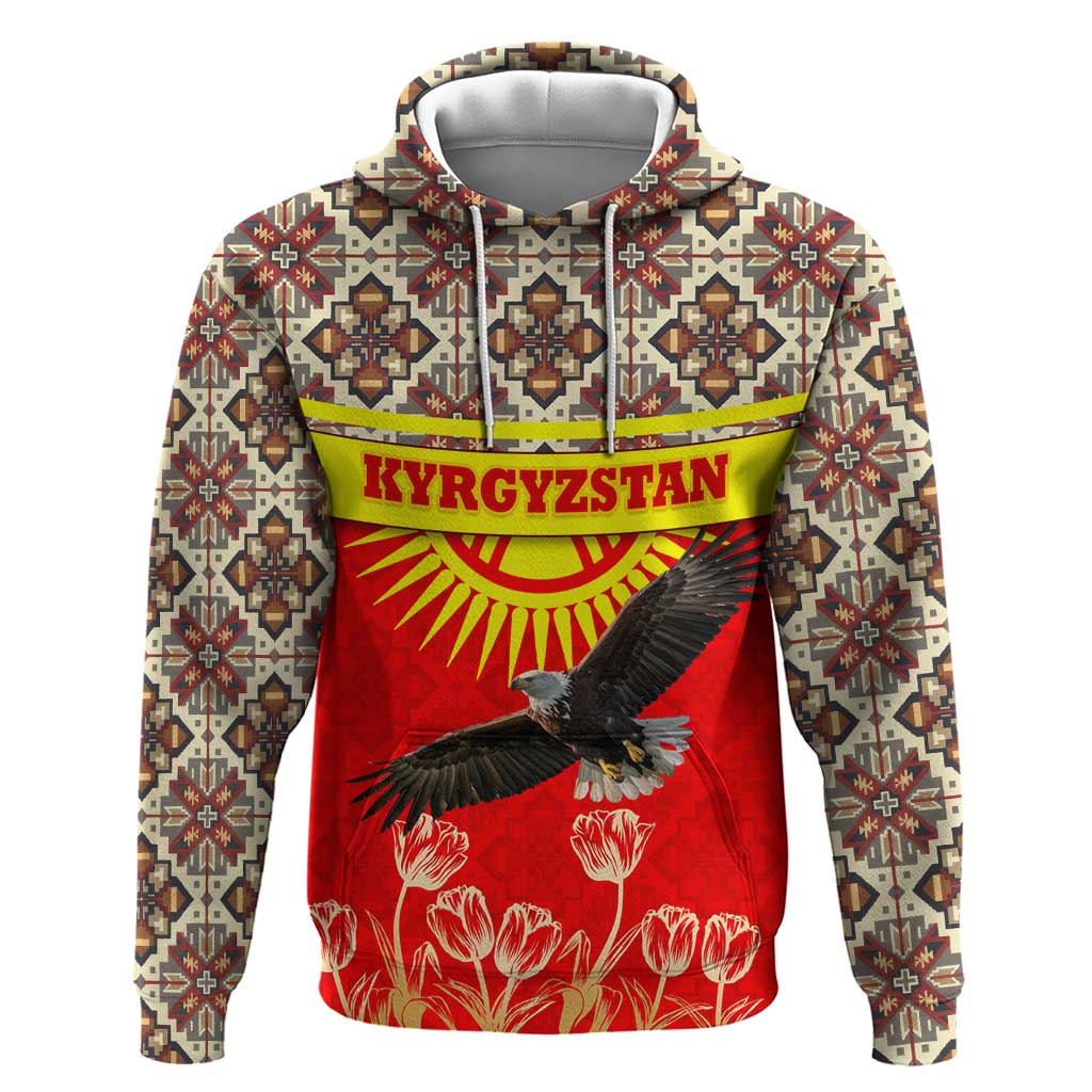 Kyrgyzstan Eagle and Tulip Hoodie with Red Ethnic Pattern with National Sun Emblem TS04