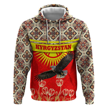 Kyrgyzstan Eagle and Tulip Hoodie with Red Ethnic Pattern with National Sun Emblem TS04