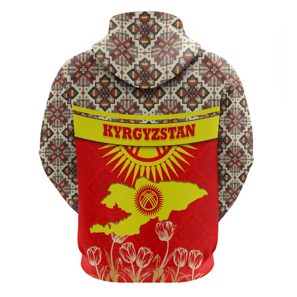 Kyrgyzstan Eagle and Tulip Hoodie with Red Ethnic Pattern with National Sun Emblem TS04