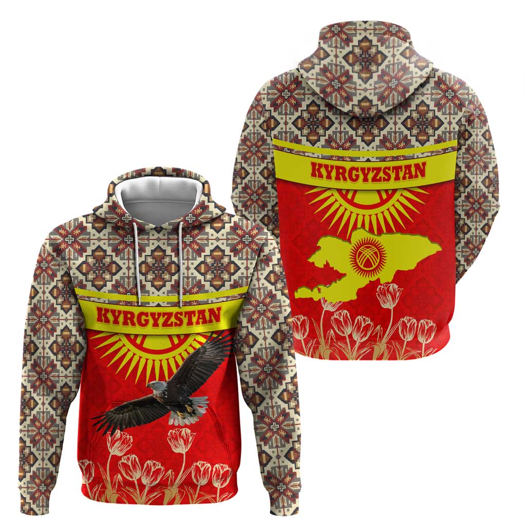 Kyrgyzstan Eagle and Tulip Hoodie with Red Ethnic Pattern with National Sun Emblem TS04