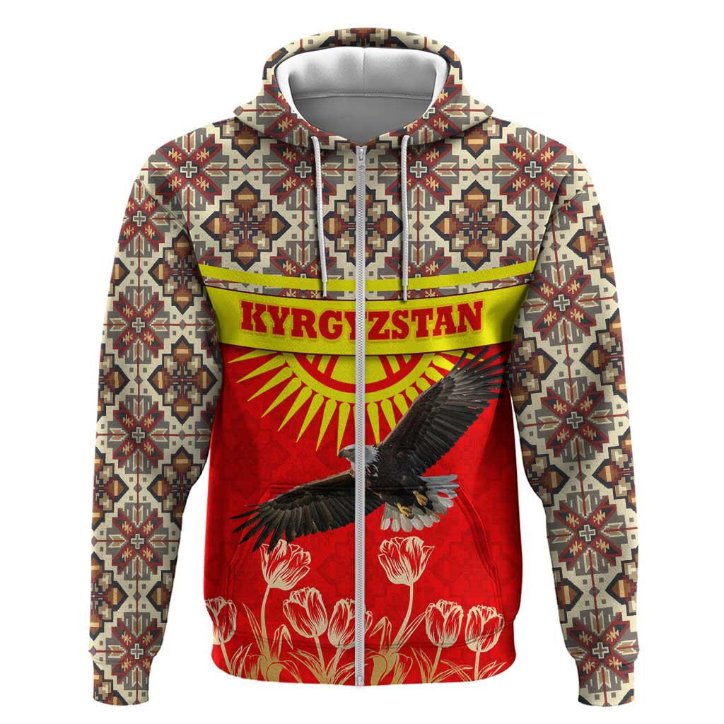 Kyrgyzstan Eagle and Tulip Hoodie with Red Ethnic Pattern with National Sun Emblem TS04