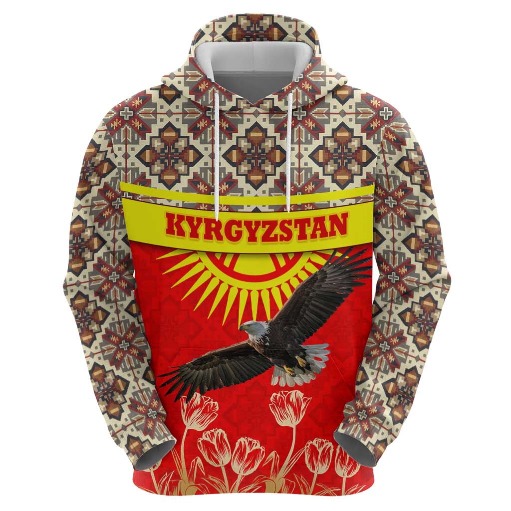Kyrgyzstan Eagle and Tulip Hoodie with Red Ethnic Pattern with National Sun Emblem TS04