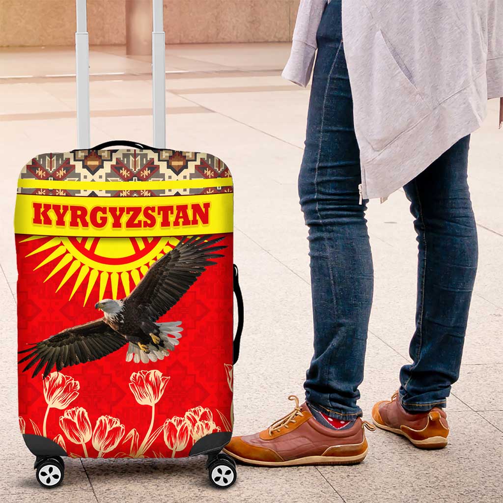 Kyrgyzstan Eagle and Tulip Luggage Cover with Red Ethnic Pattern with National Sun Emblem TS04