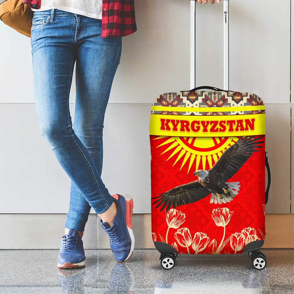 Kyrgyzstan Eagle and Tulip Luggage Cover with Red Ethnic Pattern with National Sun Emblem TS04