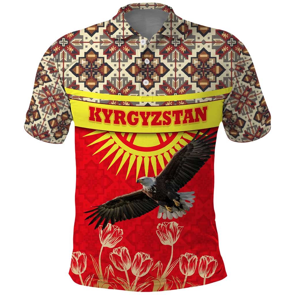 Kyrgyzstan Eagle and Tulip Polo Shirt with Red Ethnic Pattern with National Sun Emblem TS04