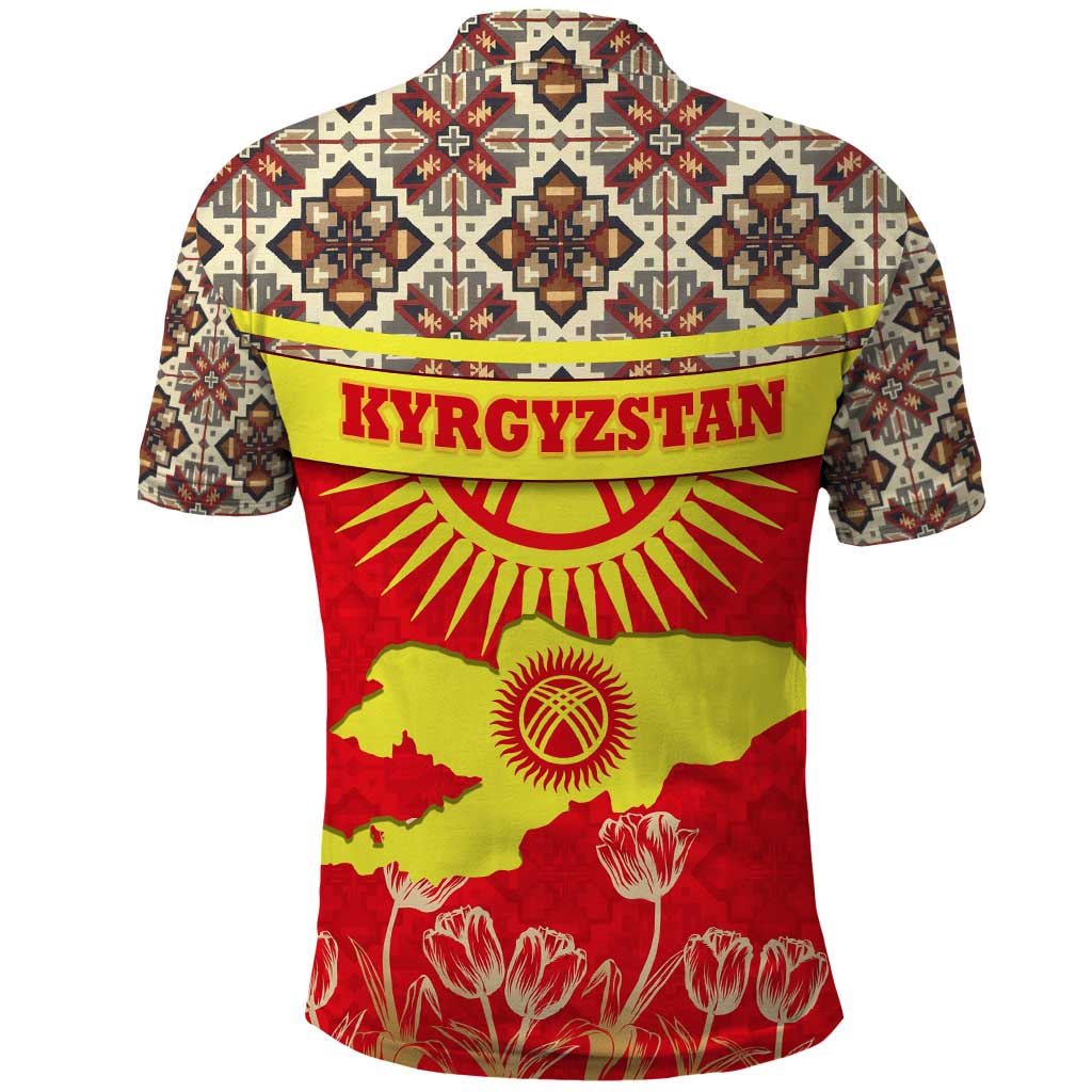 Kyrgyzstan Eagle and Tulip Polo Shirt with Red Ethnic Pattern with National Sun Emblem TS04