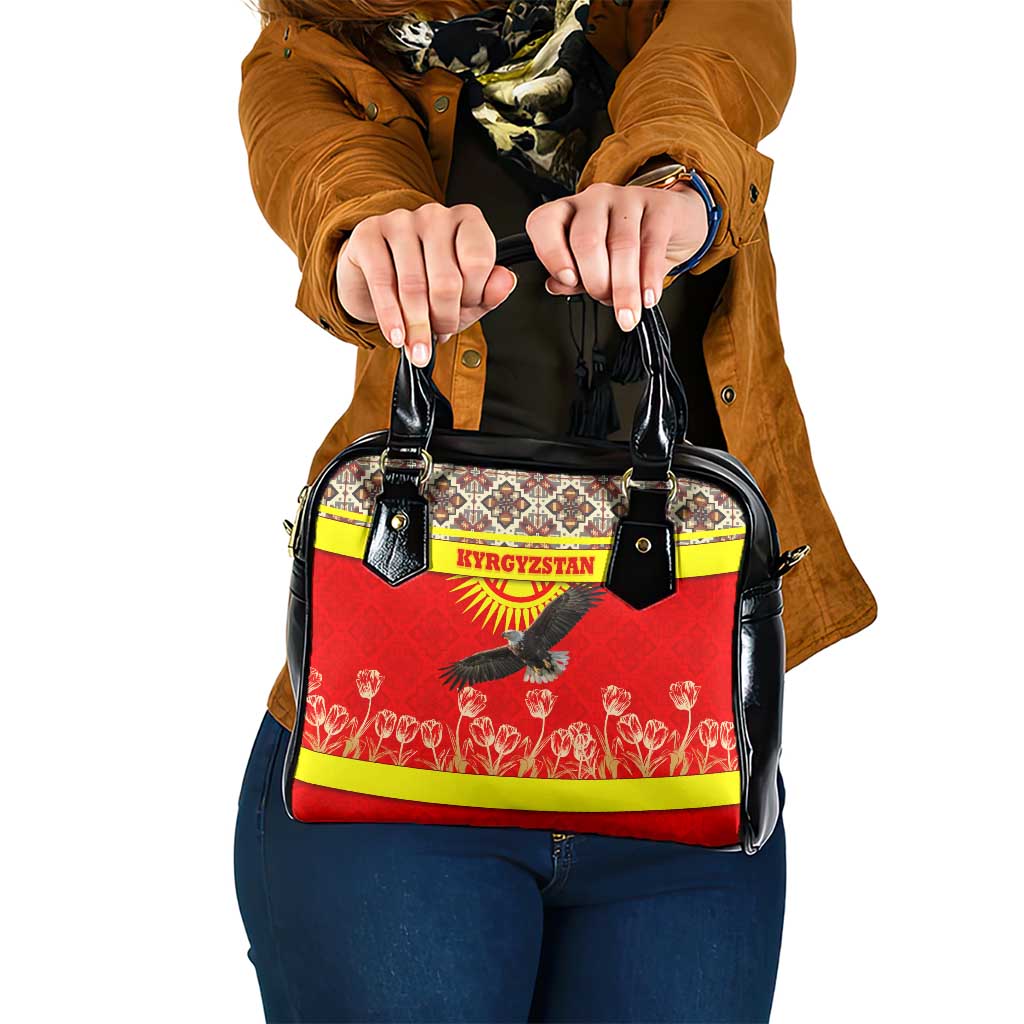 Kyrgyzstan Eagle and Tulip Shoulder Handbag with Red Ethnic Pattern with National Sun Emblem TS04
