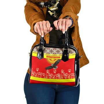 Kyrgyzstan Eagle and Tulip Shoulder Handbag with Red Ethnic Pattern with National Sun Emblem TS04