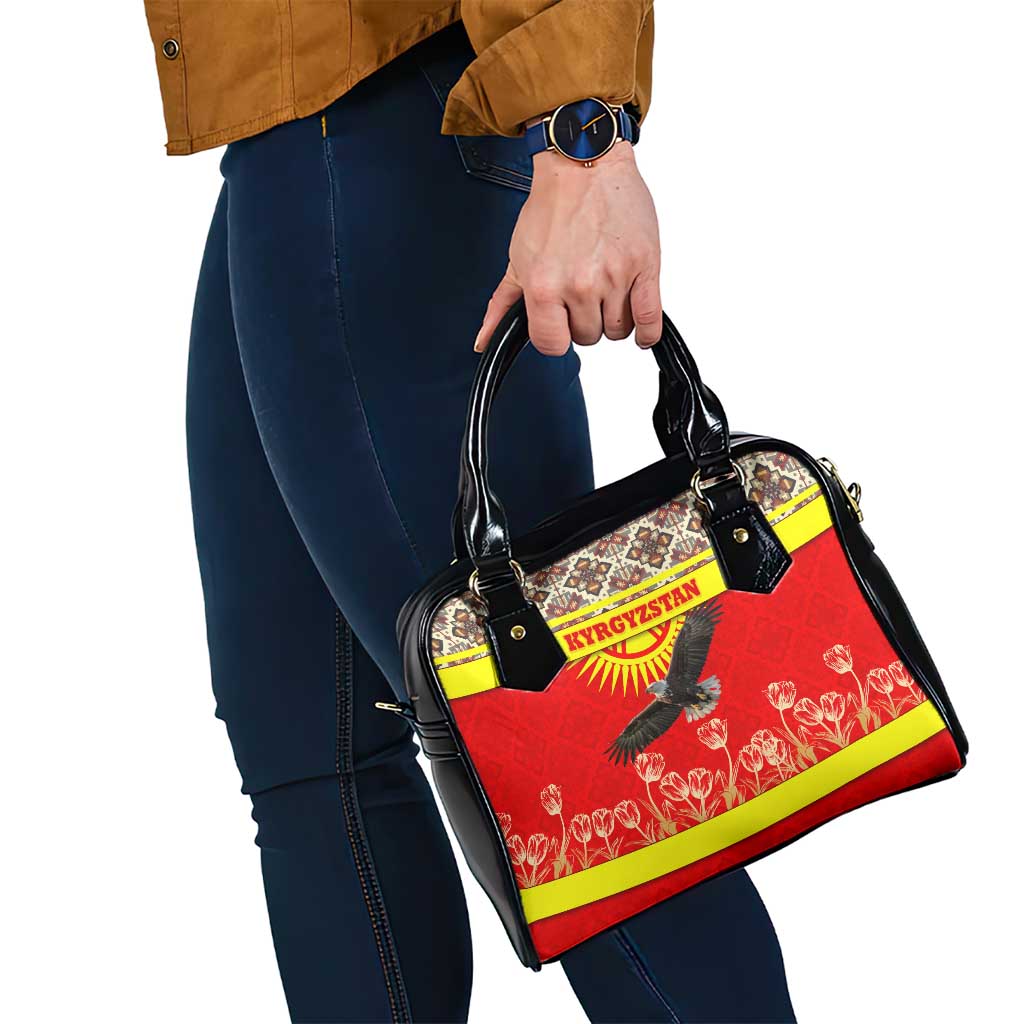 Kyrgyzstan Eagle and Tulip Shoulder Handbag with Red Ethnic Pattern with National Sun Emblem TS04