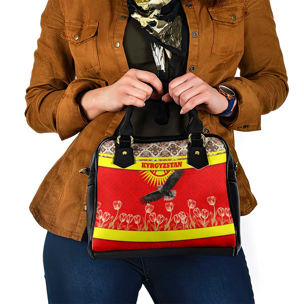 Kyrgyzstan Eagle and Tulip Shoulder Handbag with Red Ethnic Pattern with National Sun Emblem TS04