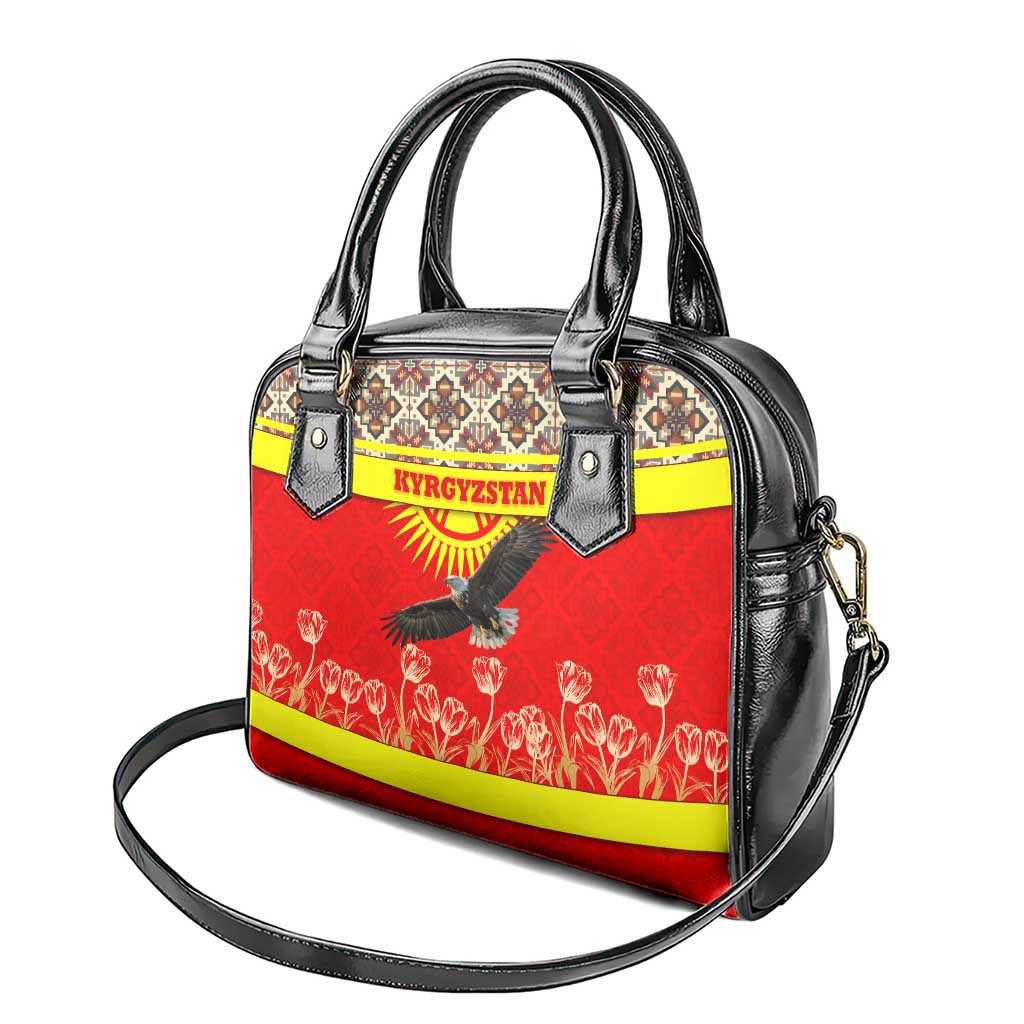 Kyrgyzstan Eagle and Tulip Shoulder Handbag with Red Ethnic Pattern with National Sun Emblem TS04