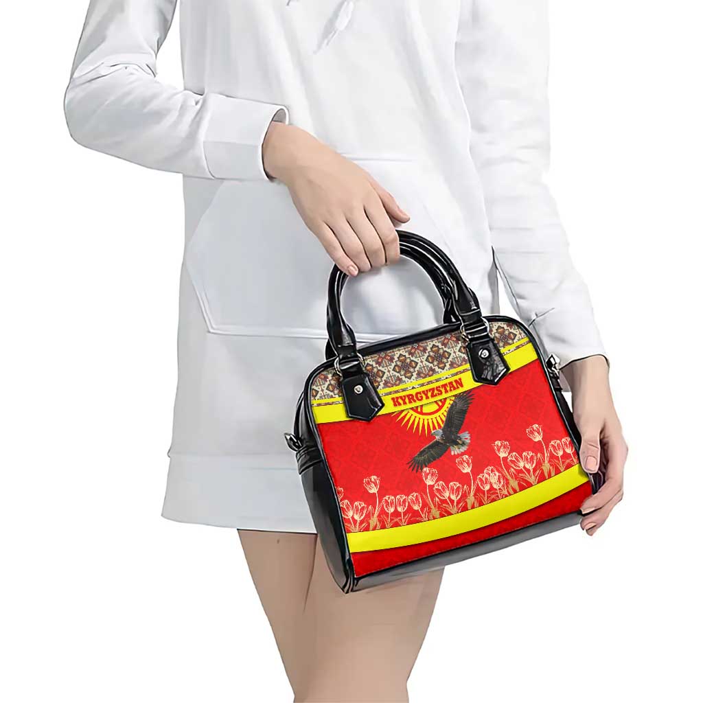 Kyrgyzstan Eagle and Tulip Shoulder Handbag with Red Ethnic Pattern with National Sun Emblem TS04