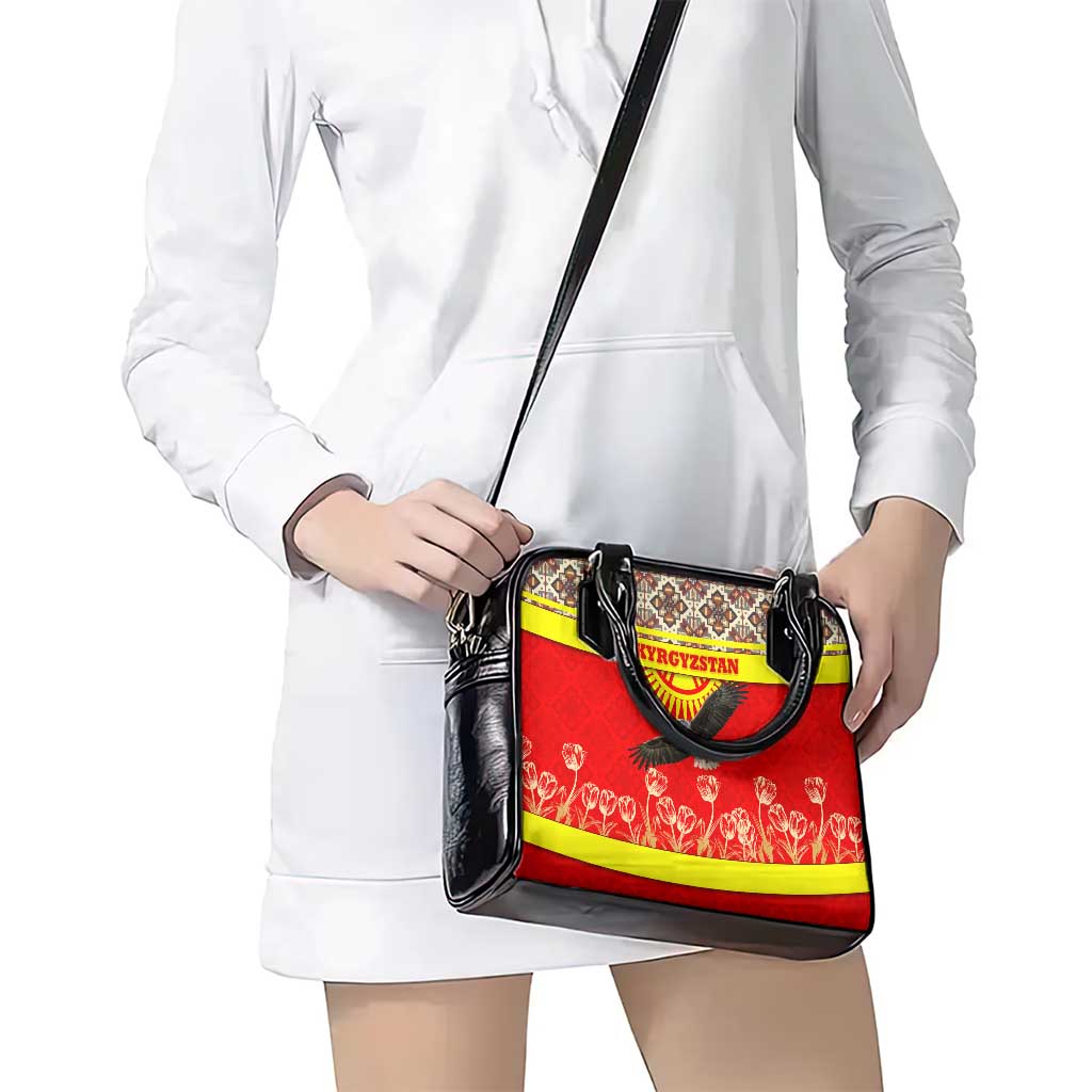 Kyrgyzstan Eagle and Tulip Shoulder Handbag with Red Ethnic Pattern with National Sun Emblem TS04