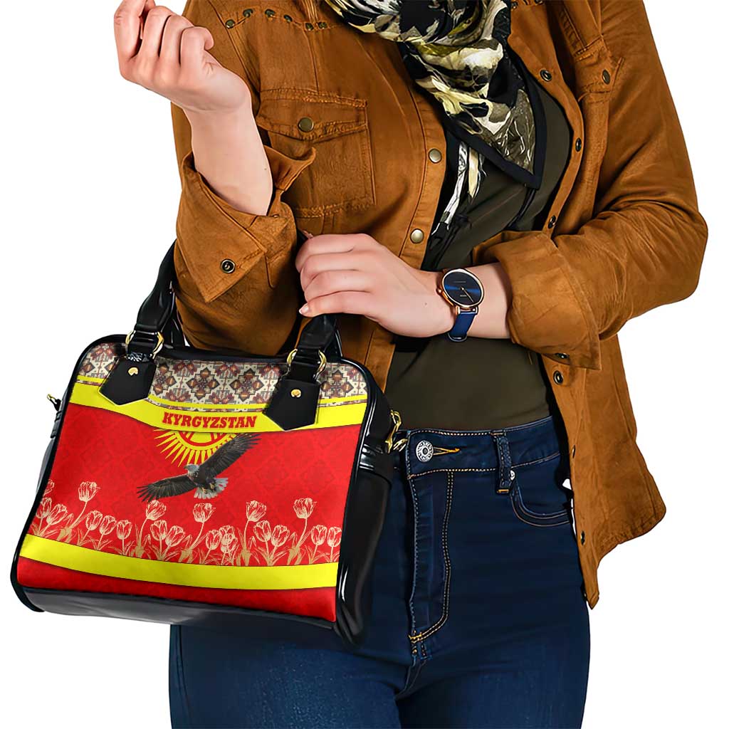 Kyrgyzstan Eagle and Tulip Shoulder Handbag with Red Ethnic Pattern with National Sun Emblem TS04