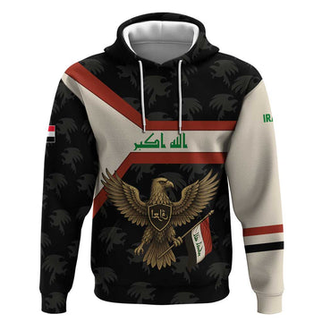 Iraq Golden Eagle Emblem Hoodie with Flag Stripes and National Arabic Script Design TS04