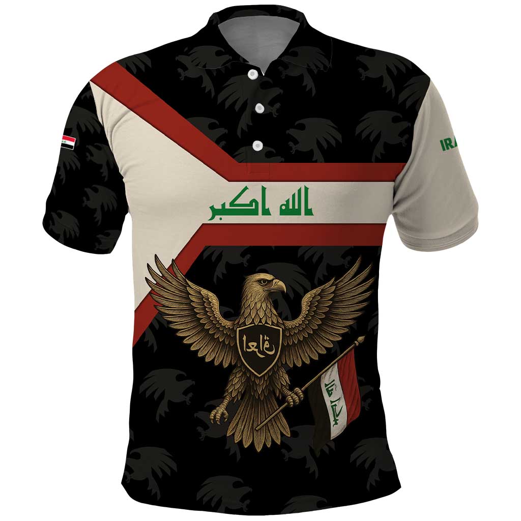 Iraq Golden Eagle Emblem Polo Shirt with Flag Stripes and National Arabic Script Design TS04