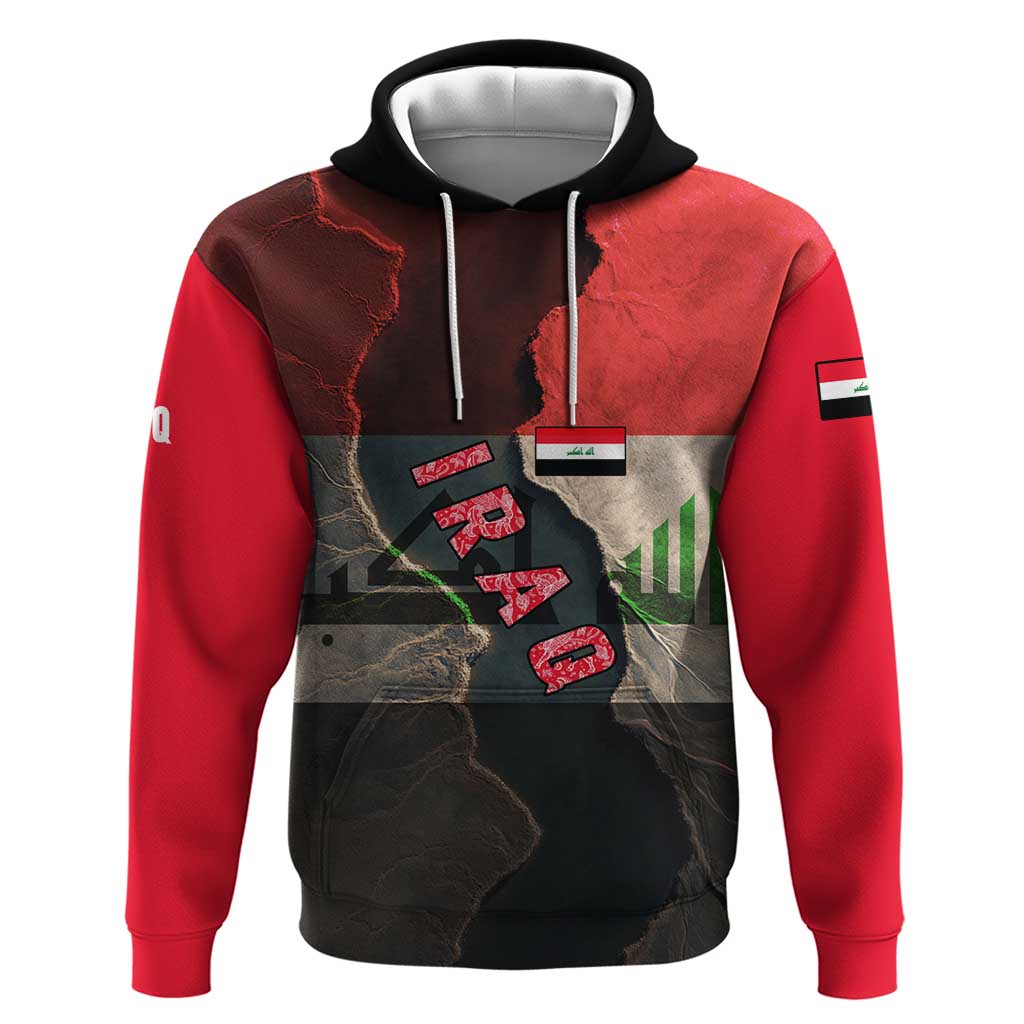 Iraq Flag Texture Hoodie with Golden Eagle Emblem and Cracked Earth Background Design TS04