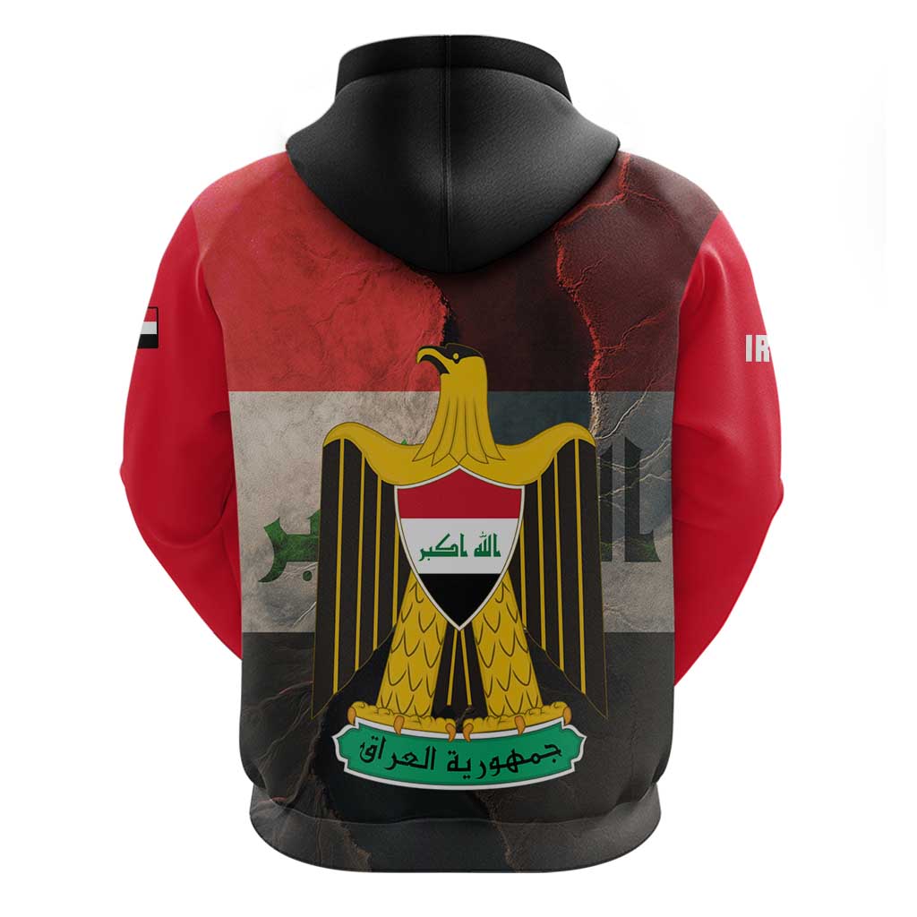 Iraq Flag Texture Hoodie with Golden Eagle Emblem and Cracked Earth Background Design TS04